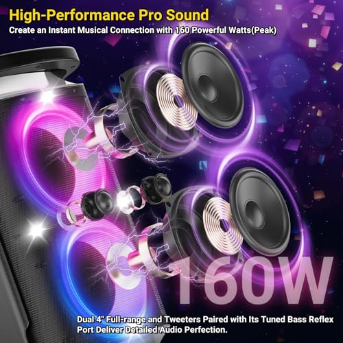 Portable Bluetooth Party Speaker: 160W Peak Powerful Loud Sound Deep Bass Wireless Boombox Large Subwoofer 15 Hours Battery Life Fast Charging with Led Light Show for Outdoor Camping Backyard