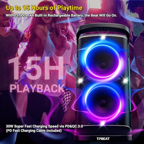 Portable Bluetooth Party Speaker: 160W Peak Powerful Loud Sound Deep Bass Wireless Boombox Large Subwoofer 15 Hours Battery Life Fast Charging with Led Light Show for Outdoor Camping Backyard