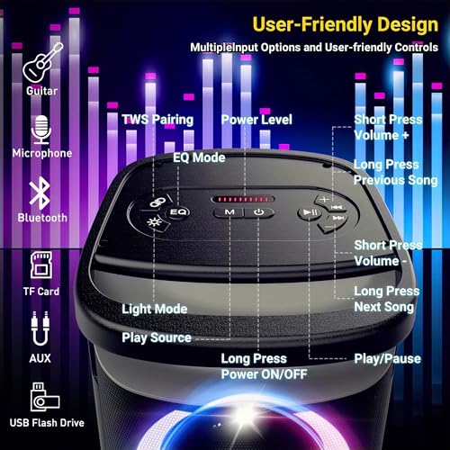 Portable Bluetooth Party Speaker: 160W Peak Powerful Loud Sound Deep Bass Wireless Boombox Large Subwoofer 15 Hours Battery Life Fast Charging with Led Light Show for Outdoor Camping Backyard