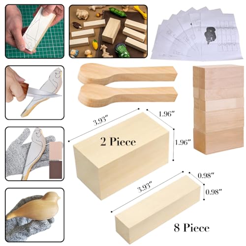 Wood Carving Kit with Basswood Carving Blocks, Wood Carving Tools Includes 3 Wood Carving Knives, 3 Detail Wood Carving Knife and 8 Wood Blocks, Whittling kit for Adult and Kids Beginners