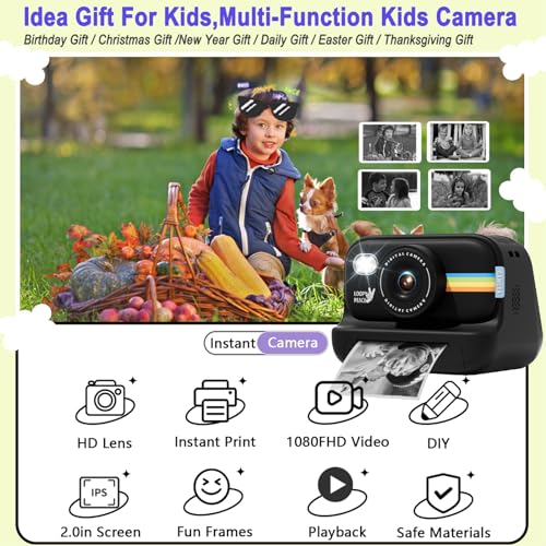 Kids Camera Instant Print, Christmas Birthday Gifts for 4-12 Girls Boys, Portable Travel Toy Camera for 4 5 6 7 8 9 10 Boys, 1080P Digital Cameras for Toddler with 32GB SD Card-Black