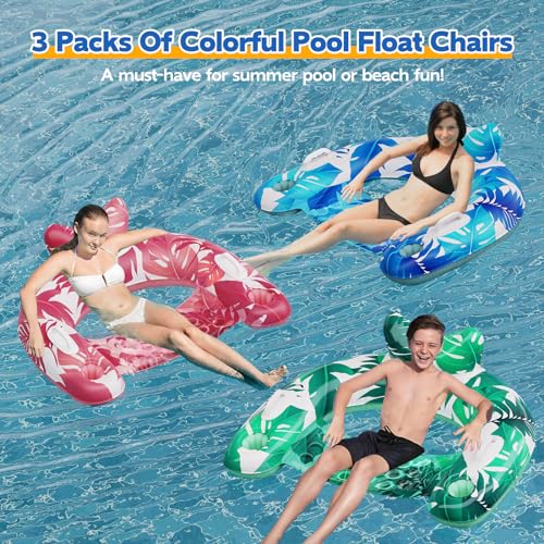 Pool Floats, 3 Pack Inflatable Float Chairs with Cupholders & Handles, Pool Floats Adult & Kids Perfect for Pool Lake & Rivers, Pool Toy Party, Relaxing Inflatable Chair for Swimming Pool