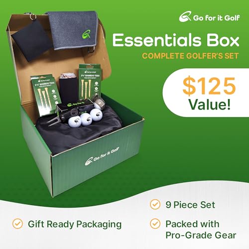 Essentials Box - Complete Golfer's Set with Golf Balls, Dual-Length Tees, Towels, Ball Mark Repair Tool, Marker Holder, Chipping Net & Can Sleeve Accessories - for Men & Women Golfers