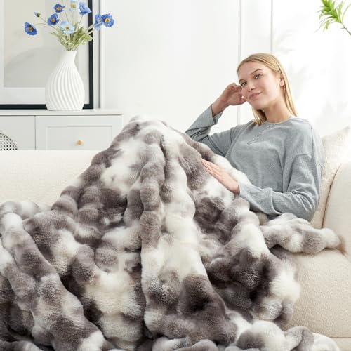 Cozy Bliss Faux Fur Throw Blanket for Couch, Fuzzy Soft Plush Thick Bubble Blanket for Sofa Bedroom Living Room, 50 * 60 Inches Tie-dye Taupe