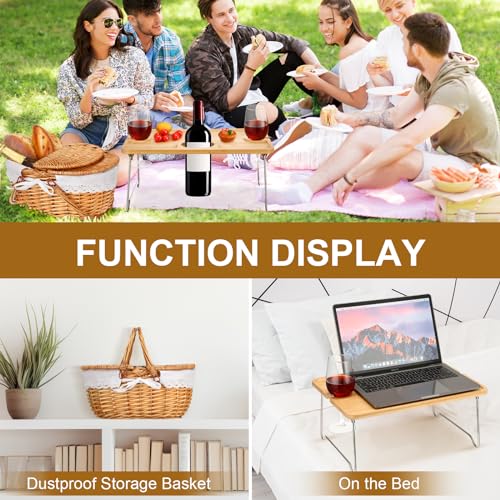 Picnic Basket with Foldable Wine Table Kit, Handmade Wicker Basket with Lid Handle Portable Bamboo Tray Table for 2 Outdoor Camping Picnic Wine Set Gift for Couples