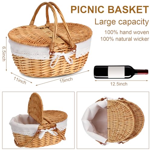 Picnic Basket with Foldable Wine Table Kit, Handmade Wicker Basket with Lid Handle Portable Bamboo Tray Table for 2 Outdoor Camping Picnic Wine Set Gift for Couples