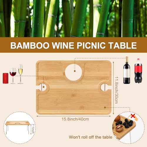 Picnic Basket with Foldable Wine Table Kit, Handmade Wicker Basket with Lid Handle Portable Bamboo Tray Table for 2 Outdoor Camping Picnic Wine Set Gift for Couples