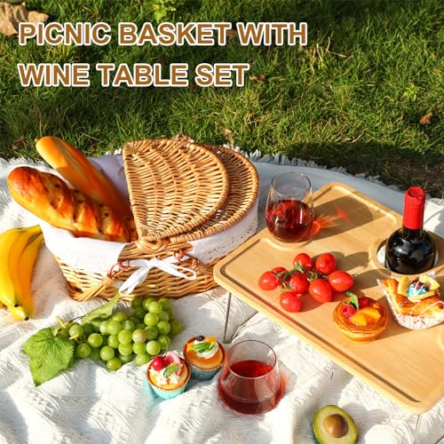 Picnic Basket with Foldable Wine Table Kit, Handmade Wicker Basket with Lid Handle Portable Bamboo Tray Table for 2 Outdoor Camping Picnic Wine Set Gift for Couples