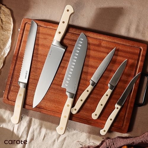 CAROTE 11PCS Knife Set with Block for kitchen, Stainless Steel Razor-Sharp Blade, Triple Riveted Ergonomic Handle,Essential Knife Set, Beige