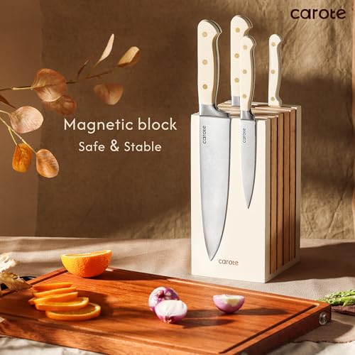 CAROTE 11PCS Knife Set with Block for kitchen, Stainless Steel Razor-Sharp Blade, Triple Riveted Ergonomic Handle,Essential Knife Set, Beige