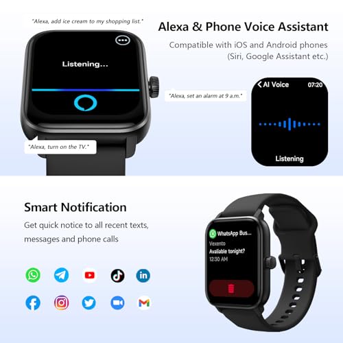 KEEPONFIT Smart Watch Answer/Make Calls, 1.85" Aluminum Case Alexa Built-in Fitness Tracker with IP68 Waterproof/100 Sports Modes/Heart Rate/Sleep for iOS/Android (Black)