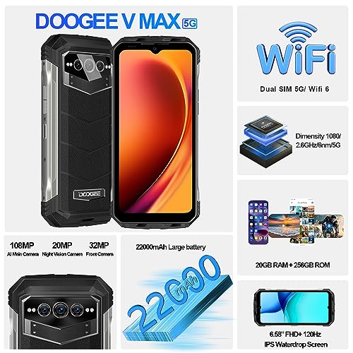 DOOGEE V MAX 5G Rugged Smartphone, 22000mAh Battery 20(12+8) GB+256GB 120Hz 6.6" FHD+ Display Rugged Phones Unlocked,108MP Main Camera Rugged Cell Phone, Dual Hi-res Speakers,Night Vision,NFC/OTG