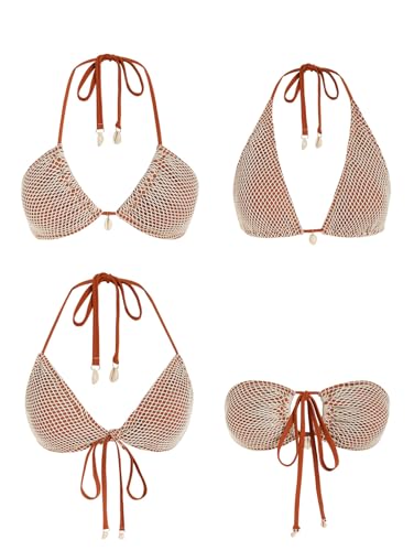 ZAFUL Women's Triangle Bikini Multiway Fishnet Tie Side Bandeau Halter String Bikini Set Two Piece Swimsuit Bathing Suits