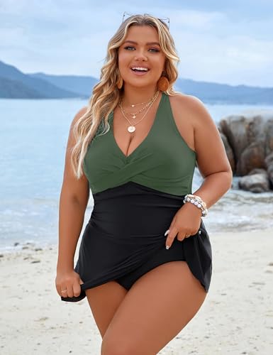 Blooming Jelly Women Plus Size Swim Dress Swimsuit One Piece Tummy Control Bathing Suits Modest Criss Cross Swim Suits