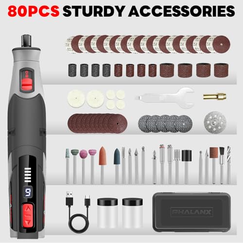 Cordless Rotary Tool - 4V Rotary Tool Kit, PHALANX Rotary Tool 80 PCS Accessories 4000mAh Li-Ion Battery, Type-C Charging 9 Speed Engraving Tool for Wood Cutting Sanding Crafts Carving Resin Polishing