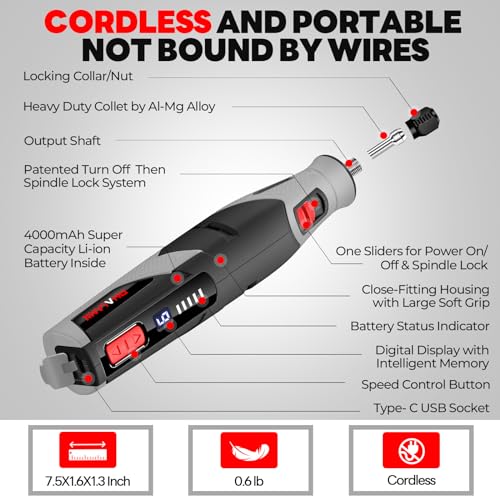 Cordless Rotary Tool - 4V Rotary Tool Kit, PHALANX Rotary Tool 80 PCS Accessories 4000mAh Li-Ion Battery, Type-C Charging 9 Speed Engraving Tool for Wood Cutting Sanding Crafts Carving Resin Polishing