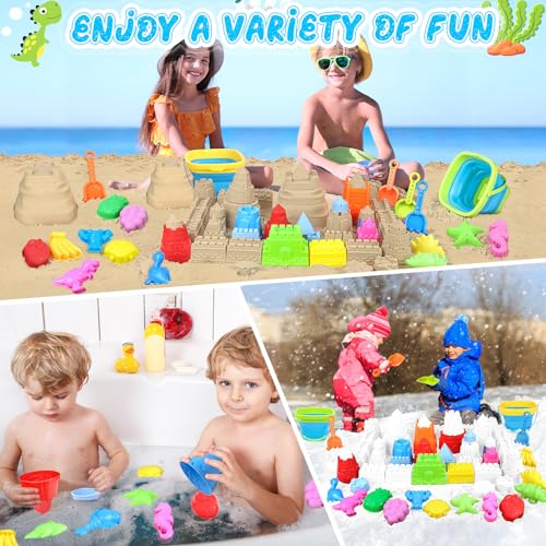 Collapsible Beach Toys Set for Kids Toddlers, Travel Sand Castle Toys for Beach with Mesh Bag & Sand Molds, Collapsible Sand Bucket and Shovel Set for Kids, Sandbox Toys for Toddlers Kids Age 3-12