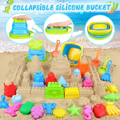 Collapsible Beach Toys Set for Kids Toddlers, Travel Sand Castle Toys for Beach with Mesh Bag & Sand Molds, Collapsible Sand Bucket and Shovel Set for Kids, Sandbox Toys for Toddlers Kids Age 3-12