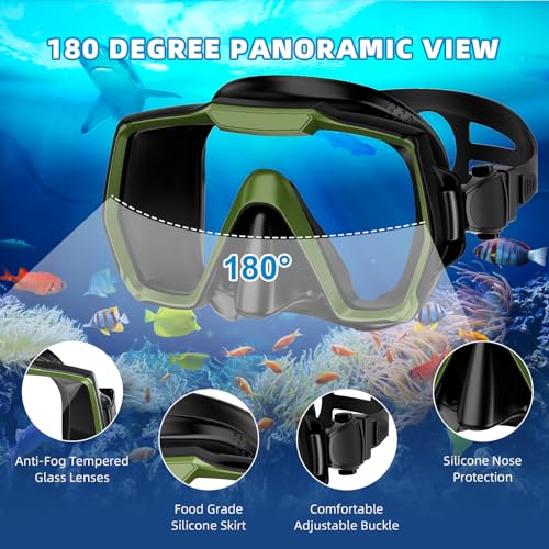 Snorkel Set Adults Snorkeling Gear Anti-Leak and Anti-Fog Tempered Glass Lens Panoramic View Swim Mask Dry Top Snorkel Kit for Snorkeling Scuba Diving Swimming Travel with Carry Bag