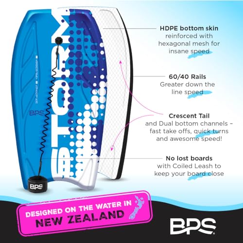 BPS ‘Storm’ Pro 42.5" Body Board for All Wave Conditions – Lightweight Boogie Boards for Beach with EPS Core HDPE Slick Bottom IXPE Deck with Wrist Leash and Plug for Kids and Adults