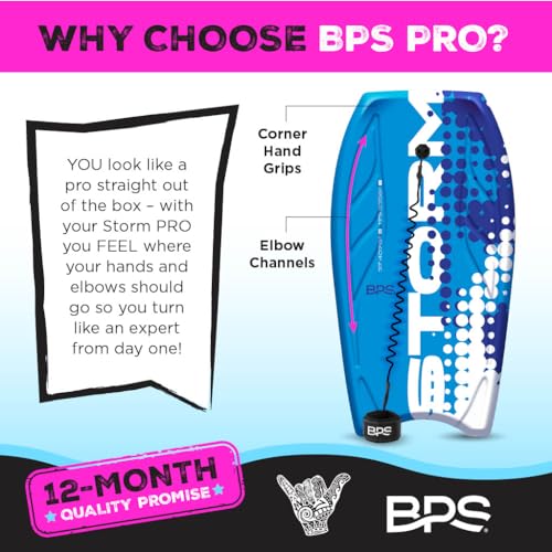 BPS ‘Storm’ Pro 42.5" Body Board for All Wave Conditions – Lightweight Boogie Boards for Beach with EPS Core HDPE Slick Bottom IXPE Deck with Wrist Leash and Plug for Kids and Adults