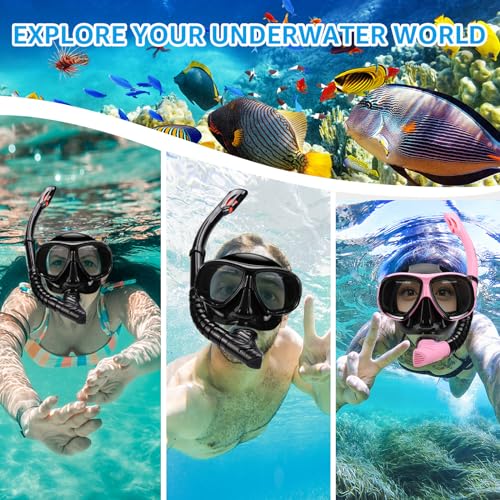 Snorkeling Gear for Adults, Snorkel Mask Adult Set Wide View Scuba Mask Anti-Leak and Anti-Fog Tempered Glass Lens Dry Top Mask Nose Cover for Youth