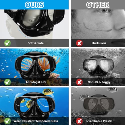 Snorkeling Gear for Adults, Snorkel Mask Adult Set Wide View Scuba Mask Anti-Leak and Anti-Fog Tempered Glass Lens Dry Top Mask Nose Cover for Youth