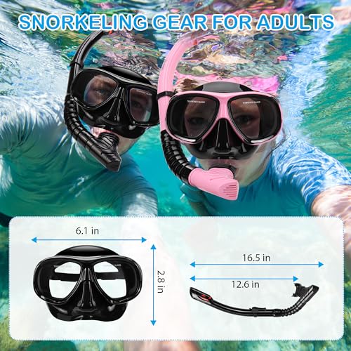 Snorkeling Gear for Adults, Snorkel Mask Adult Set Wide View Scuba Mask Anti-Leak and Anti-Fog Tempered Glass Lens Dry Top Mask Nose Cover for Youth