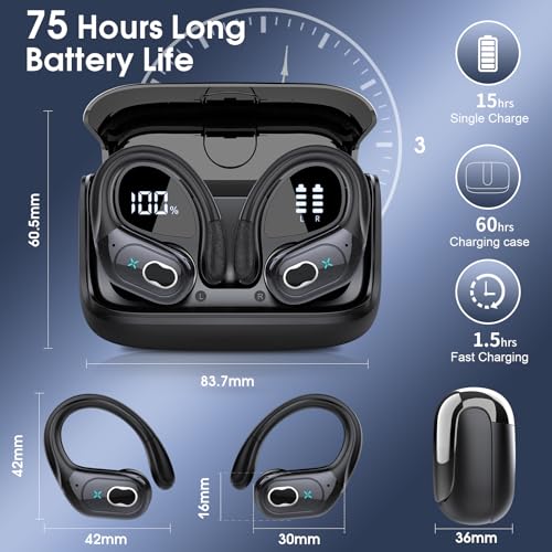 Wireless Earbuds 75hrs Bluetooth 5.3 Headphone Sport, 2024 Bluetooth Earbuds Stereo Deep Bass Over Ear Bud with Earhooks, ENC Noise Cancelling Mic, IPX7 Waterproof Earphone for Workout/Running