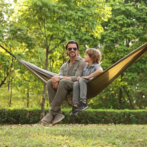 Camping Hammock, Portable Hammocks with Mosquito Net,Lightweight Nylon Parachute Hammock with 10ft Tree Straps,Camping Gear Must Haves for Travel Hiking Backpacking Beach Patio-Green&Khaki