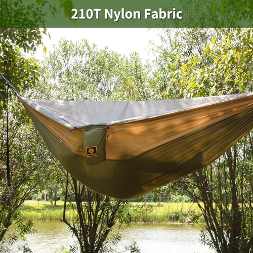 Camping Hammock, Portable Hammocks with Mosquito Net,Lightweight Nylon Parachute Hammock with 10ft Tree Straps,Camping Gear Must Haves for Travel Hiking Backpacking Beach Patio-Green&Khaki