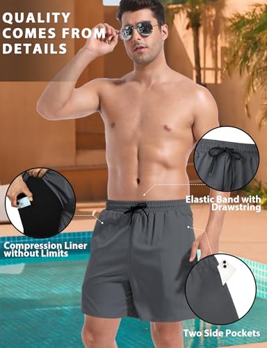 Mens Swim Trunks with Compression Liner 5 Inch Inseam Quick Dry Swim Shorts Mens Swimsuit Board Shorts with Pockets