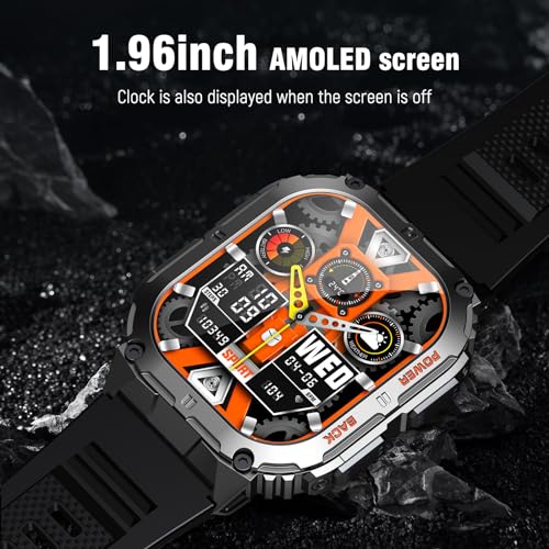 Smart Watch(Answer/Make Calls),1.96" AMOLED Display with 110+ Outdoor Sport Modes Fitness Tracker for Men,IP68 Waterproof Military Bluetooth Digital Watches for Android iOS