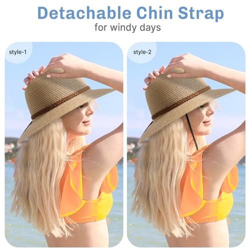 Beach Sun Straw Hats for Women, UPF 50+ UV Sun Protection Wide Brim Summer Straw Hat Foldable Packable Roll up Cap