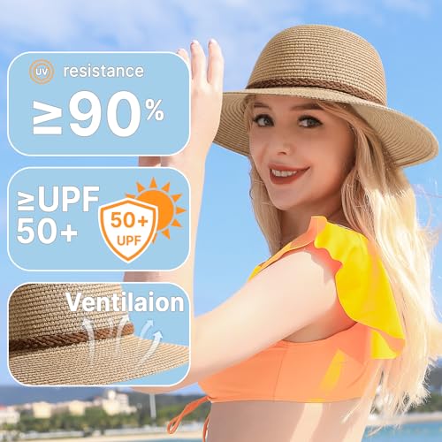 Beach Sun Straw Hats for Women, UPF 50+ UV Sun Protection Wide Brim Summer Straw Hat Foldable Packable Roll up Cap