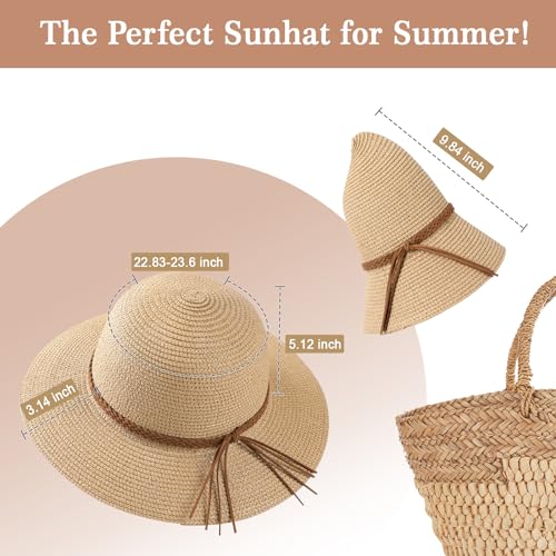 Beach Sun Straw Hats for Women, UPF 50+ UV Sun Protection Wide Brim Summer Straw Hat Foldable Packable Roll up Cap