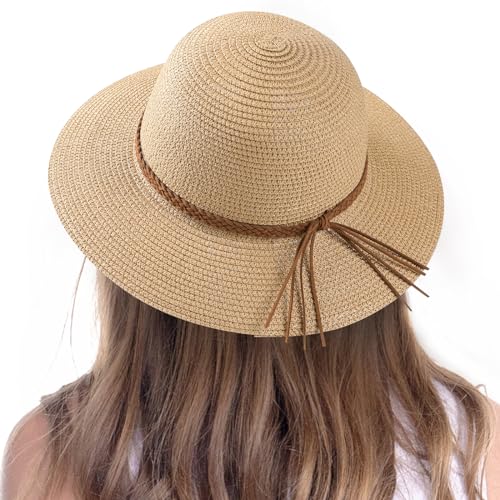 Beach Sun Straw Hats for Women, UPF 50+ UV Sun Protection Wide Brim Summer Straw Hat Foldable Packable Roll up Cap