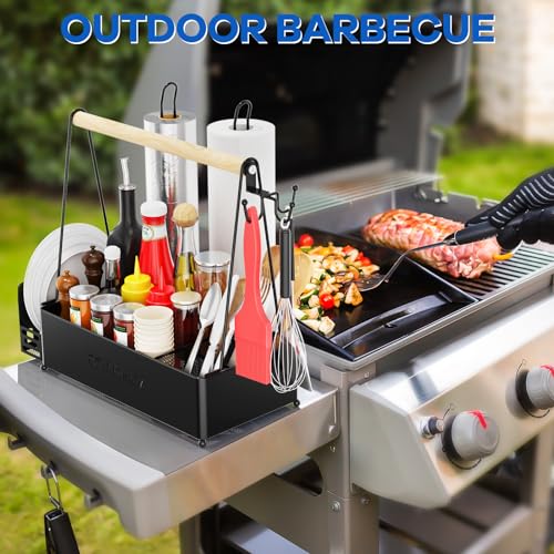 Grill Caddy for Outdoor Grill with 2 Paper Towel Holder, Wood Handle & 3 Hooks, Camper Accessories, Condiment Caddy, Plates, Cutlery, and BBQ Organizer for Camping Outdoor, RV