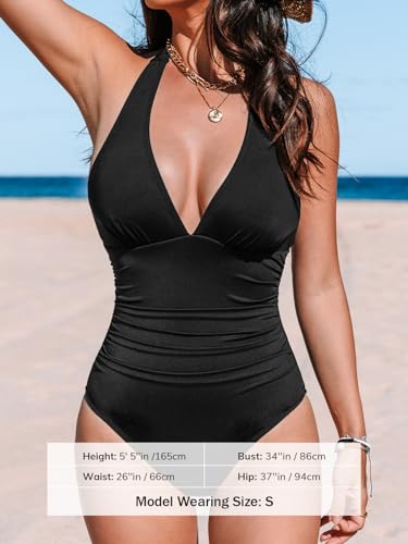 CUPSHE Women's One Piece Swimsuit Halter V Neck Tummy Control Sculpting Slimming Bathing Suit
