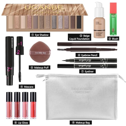 Makeup Set for Women Full kit, Makeup bag with 12 Color Nude Eyeshadow Palette, Mascara, Lip gloss, Blush & Foundation, Beauty blender, Eyeliner Pen, Eyebrow Pencil All in One Gift Set