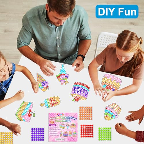 7pcs Summer Crafts Sweets Arts Crafts DIY Gem Diamond Suncatcher Crafts for Kids Cake Ice cream Diamond Painting Gift for Kids Girls Boys Aged 6 8 10 for Birthday Party Home School Decor