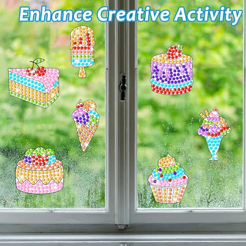 7pcs Summer Crafts Sweets Arts Crafts DIY Gem Diamond Suncatcher Crafts for Kids Cake Ice cream Diamond Painting Gift for Kids Girls Boys Aged 6 8 10 for Birthday Party Home School Decor