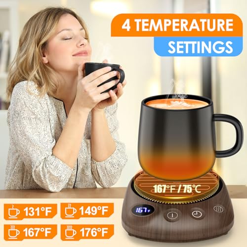 KitchekShop Coffee Mug Warmer - Fastest Heating & Highest Temperature, Coffee Cup Warmer for Desk Auto Shut Off, 4 Temp Settings & 1-12H Timer, Smart Electric Beverage Warmer for Coffee Candle(Wood)