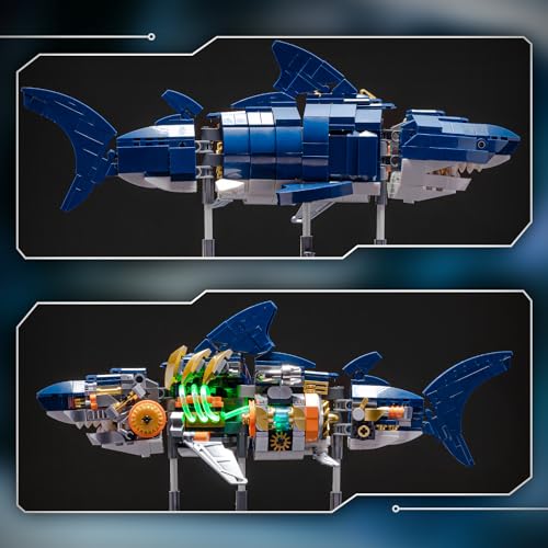 Mechanical Shark STEM Building Set,Sea Animal Toys Crossing Shark with Lighting and Linkable,Ideas Sets for Adults Shark,Creatures Gift Compatible with Legos for Adults and Boys Ages 8-12