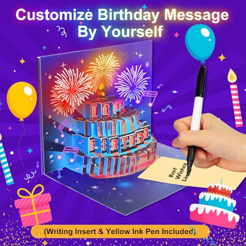 Omgpeike Birthday Cards Gifts for Women 3D Pop Up Birthday Gift Card Light and Music Happy Funny Birthday Decorations Greeting Cards for Men, Girl, Boy, Husband, Mom, Dad, Sister, Friend, Kids(Purple)