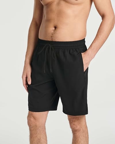 Real Essentials 3 Pack: Men's 9" Inch 2 in 1 Board Shorts with Compression Liner - Bathing Suit with Back Flap Pocket