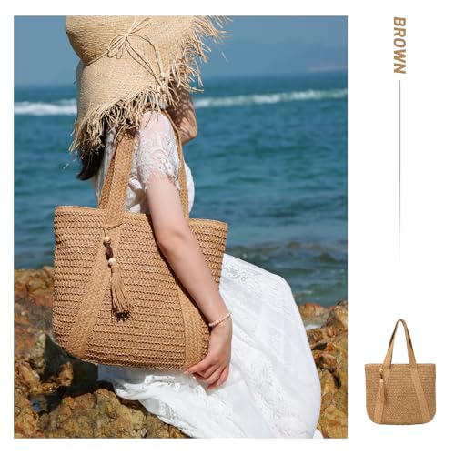 Straw Beach Tote Bag for Women,Raffia Woven Shoulder Handbags for Summer Vacation 2024