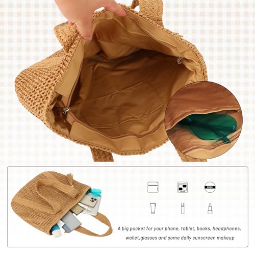 Straw Beach Tote Bag for Women,Raffia Woven Shoulder Handbags for Summer Vacation 2024