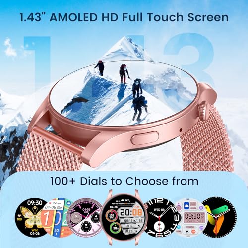 Smartwatch for Women Fitness Watch: 1.43" Amoled Touchscreen Smart Watch Answer/Make Call with Heart Rate Blood Pressure Sleep Monitor 100+ Sports Modes Fitness Tracker IP67 Waterproof for Android iOS