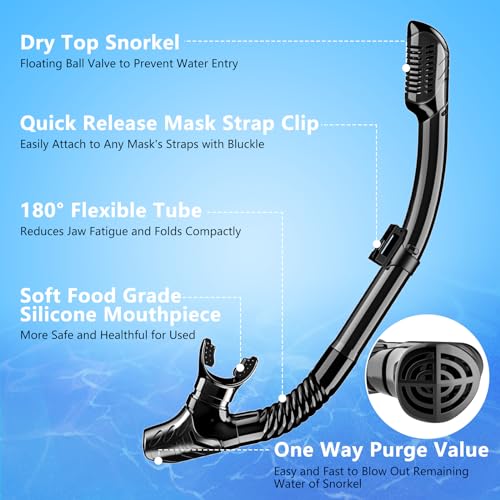 Snorkeling Gear for Adults, Dry-Top Snorkel Set Scuba Diving mask, 180°Panoramic Wide View Professional Snorkeling Gear Breathing Freely Snorkel Mask